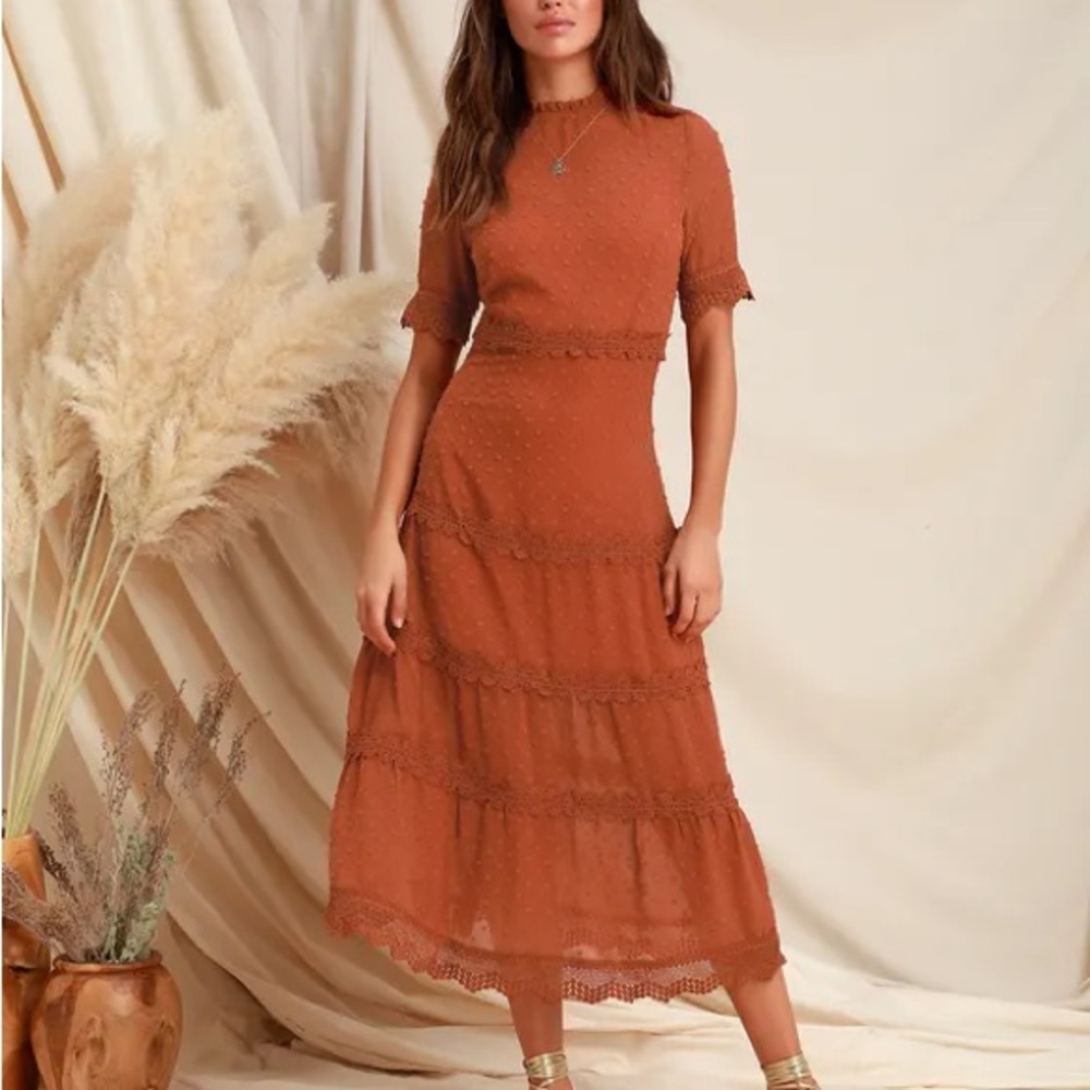Lulu’s Dreaming of You Rust Orange Swiss Dot Midi Dress